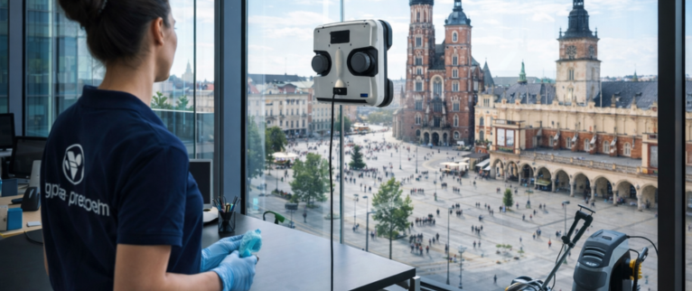 Profesjonalne mycie okien w biurze w Krakowie – kobieta obsługuje robota do czyszczenia szyb przy dużych przeszkleniach z widokiem na Rynek Główny